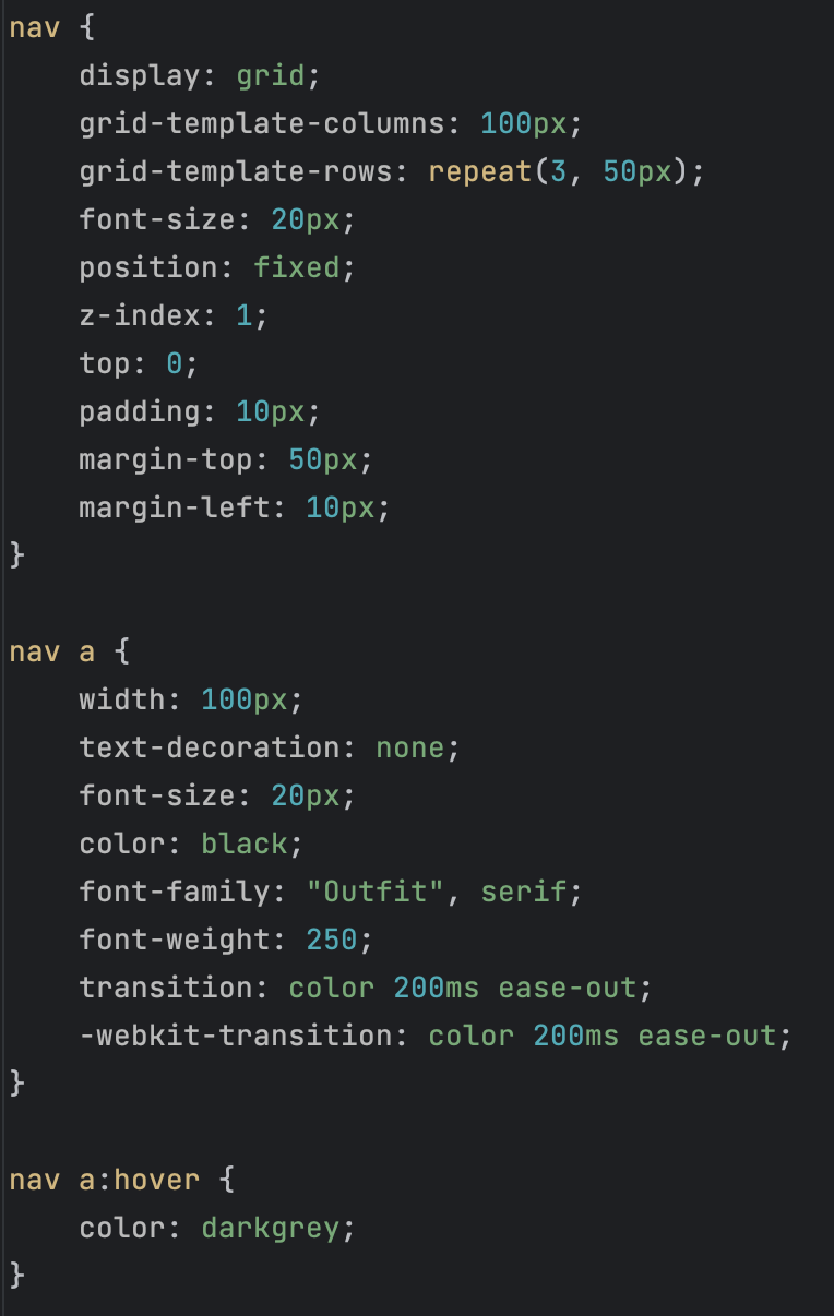 Screenshot of the CSS Code for the Nav Bar