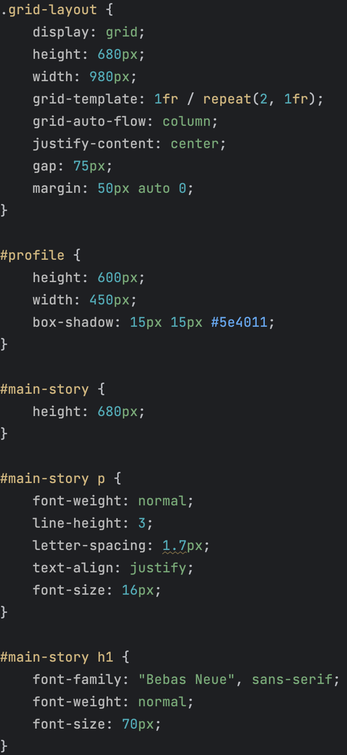 Screenshot of the CSS Code for the Grid Layout consisting profile image, header, and paragraph