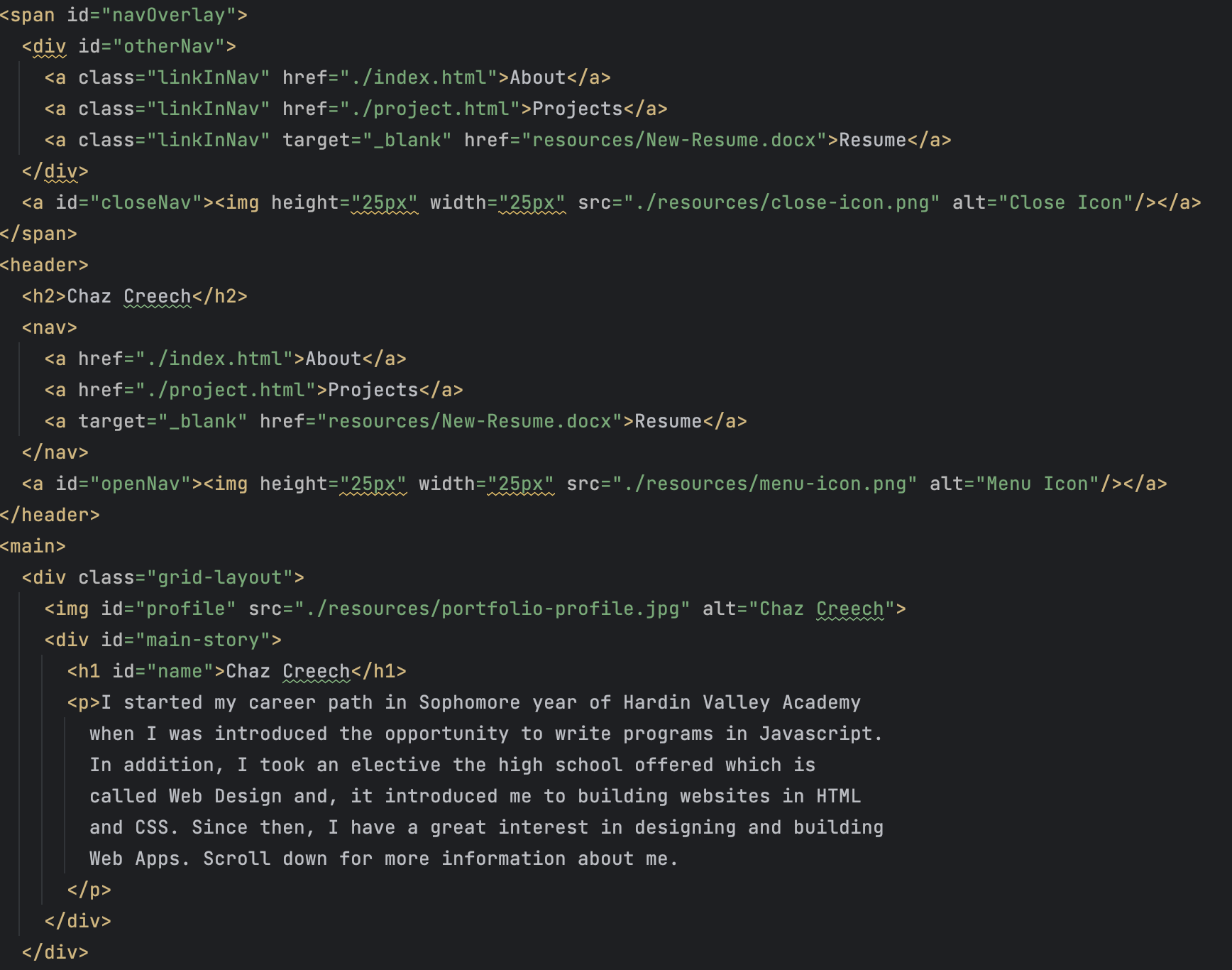 Screenshot of the HTML Code